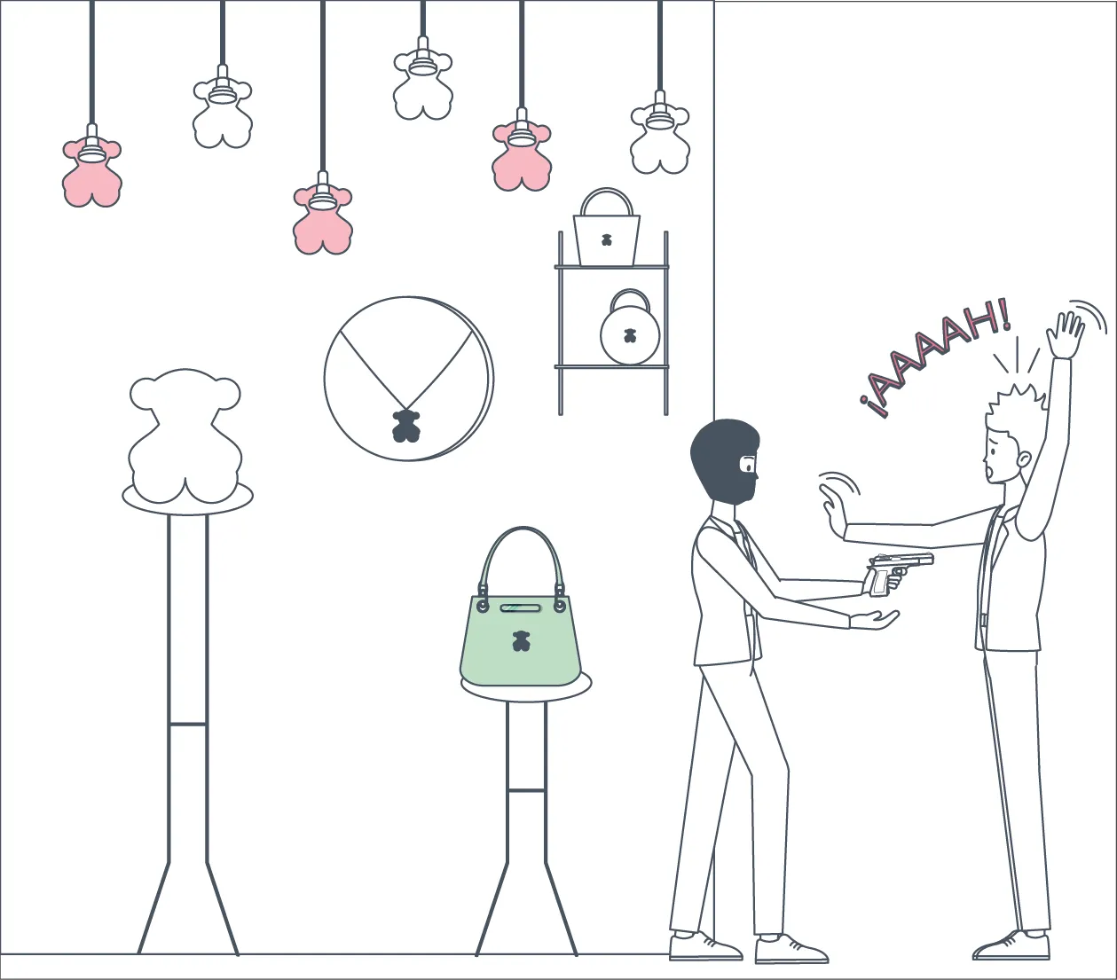 A man points a gun at a raising-hands man in a Tous' shop