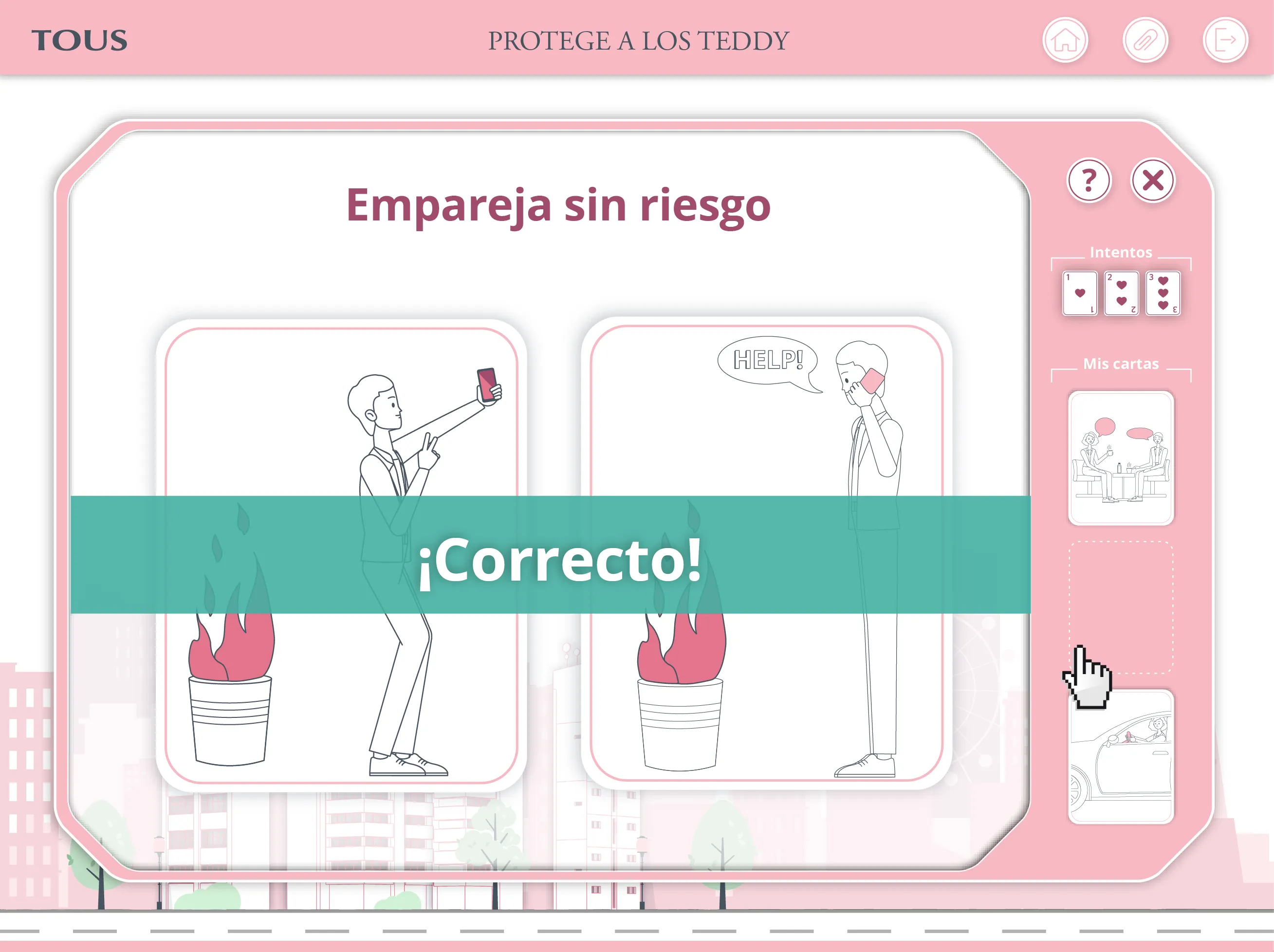 Memory card game reinforcing previously learned prevention measures through immediate feedback and collected prevention cards.