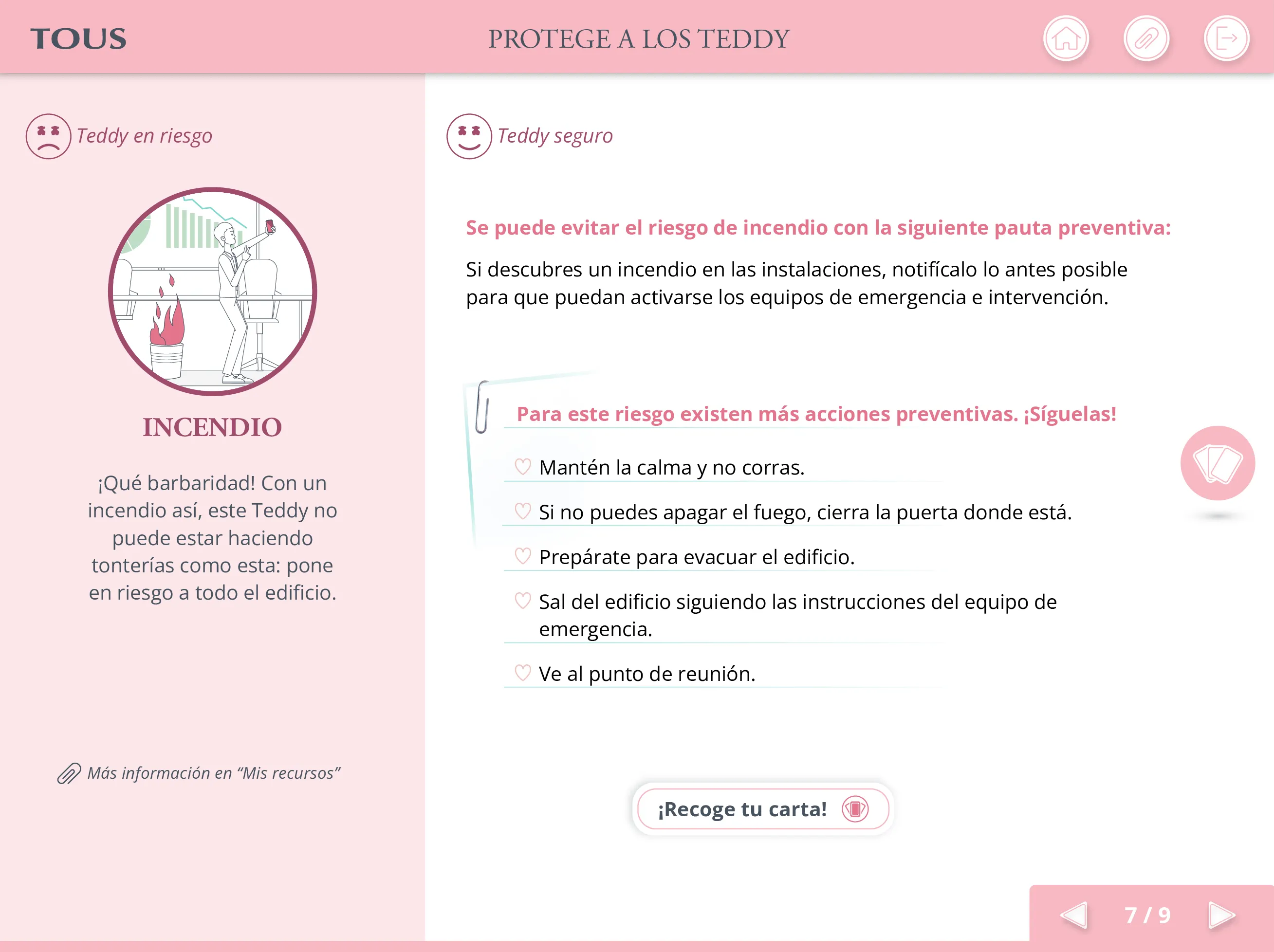 Risk explanation screen showing the identified hazard, preventive recommendations, and the prevention card unlocked after correct recognition.