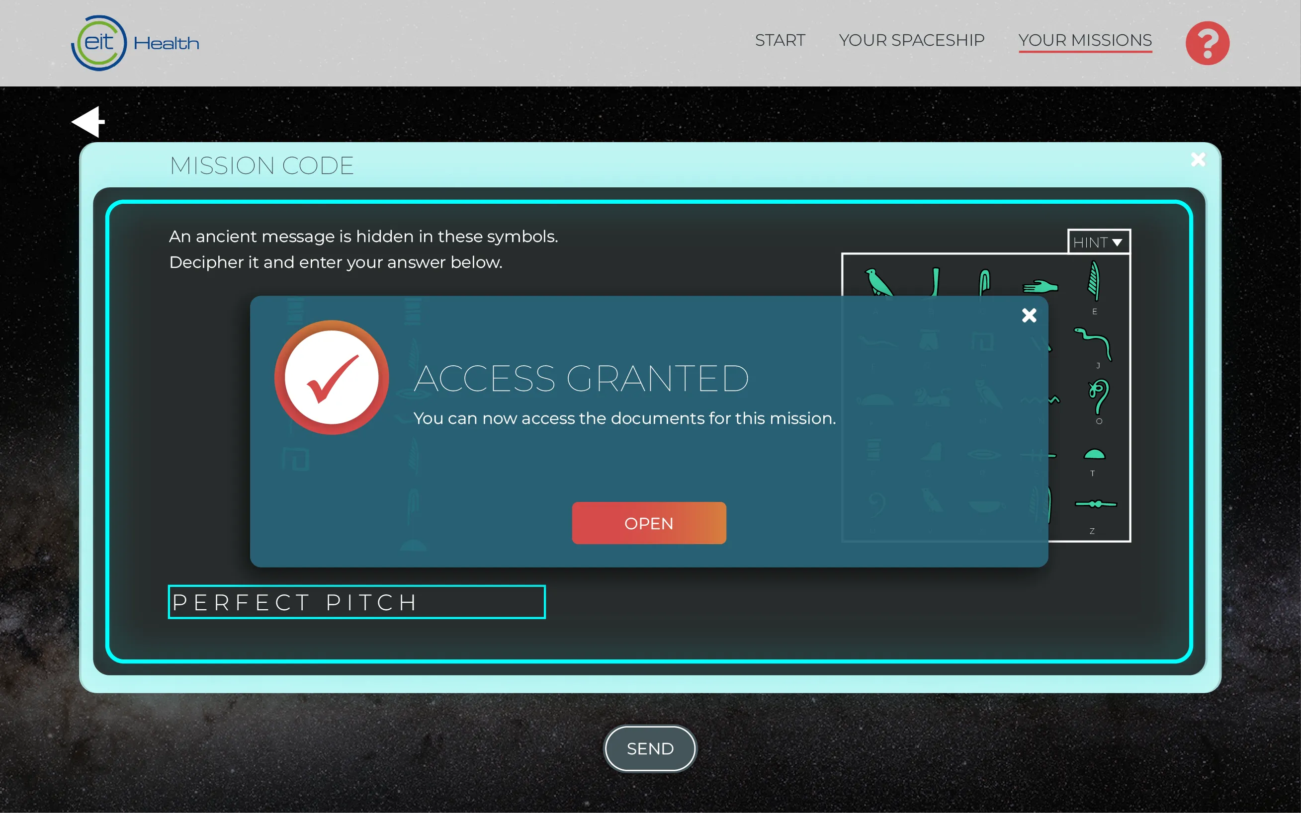 Access granted message overlay on decoding challenge screen about ancient symbols with 'Perfect Pitch' answer.