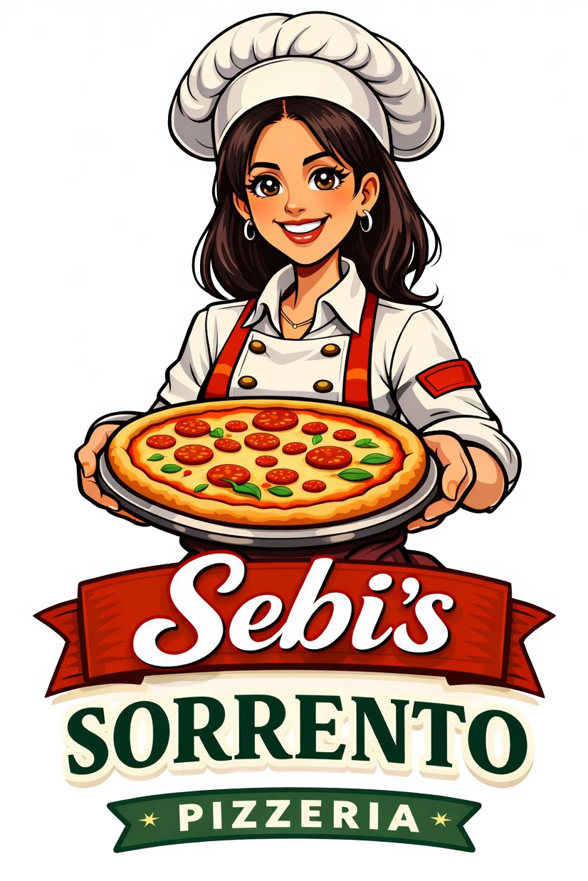Lächelnde Köchin hält Pizza mit Salami und Basilikum, Logo Sebi's Sorrento Pizzeria.