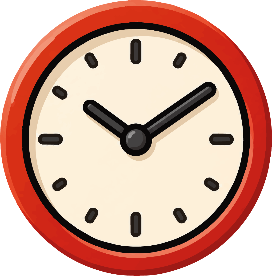 Rote Uhr, zeigt 10:10 Uhr.