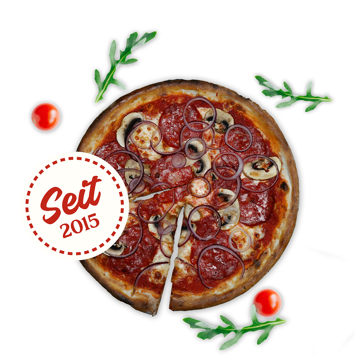 Pizza mit Peperoni, roten Zwiebeln und Pilzen, garniert mit Rucola und kleinen Tomaten.