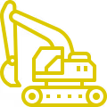 Yellow excavator construction machine with a digging arm and tracked wheels.