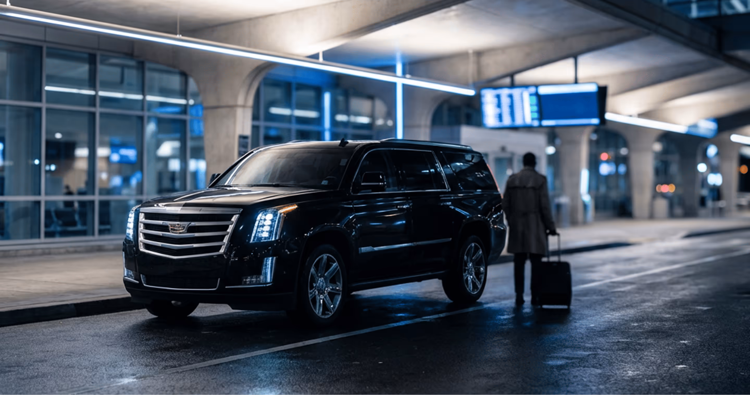 Black luxury SUV parked at an airport terminal with a person pulling luggage nearby.