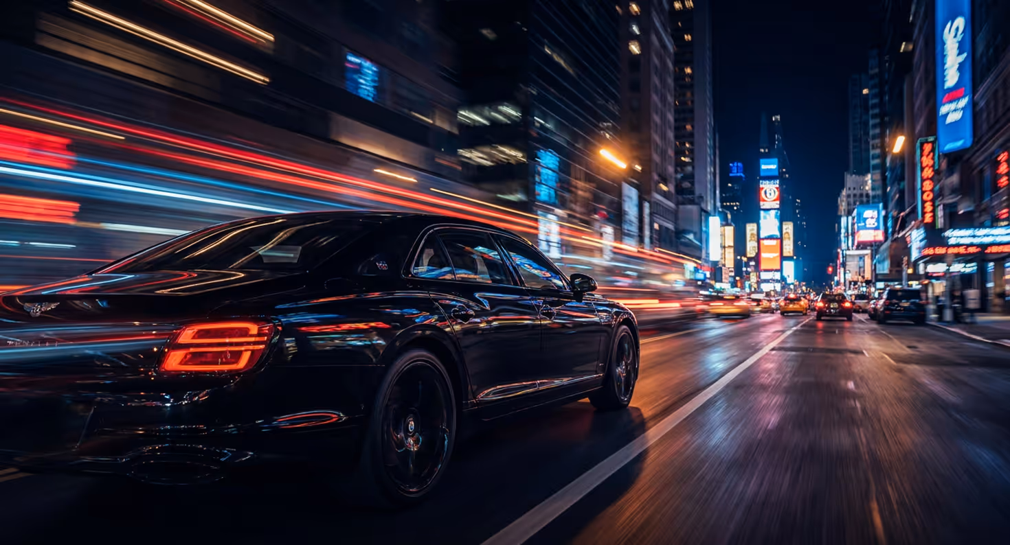 Black luxury sedan driving on a city street at night with blurred lights streaking past.