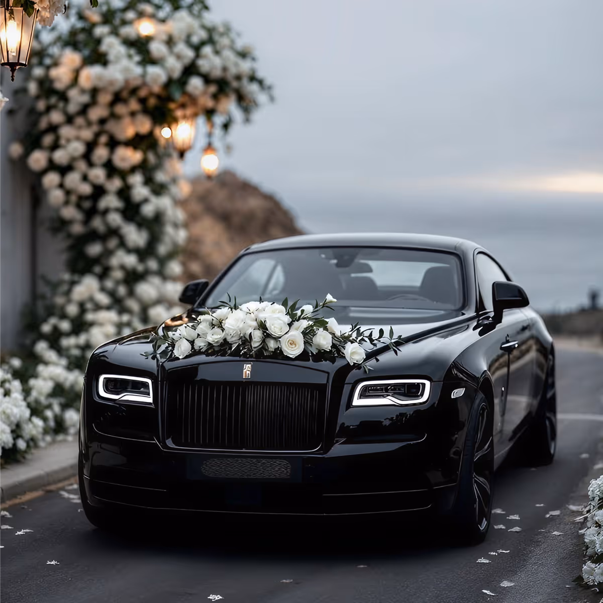 Black luxury Rolls-Royce car decorated with white roses on the hood parked on a flower-lined road.
