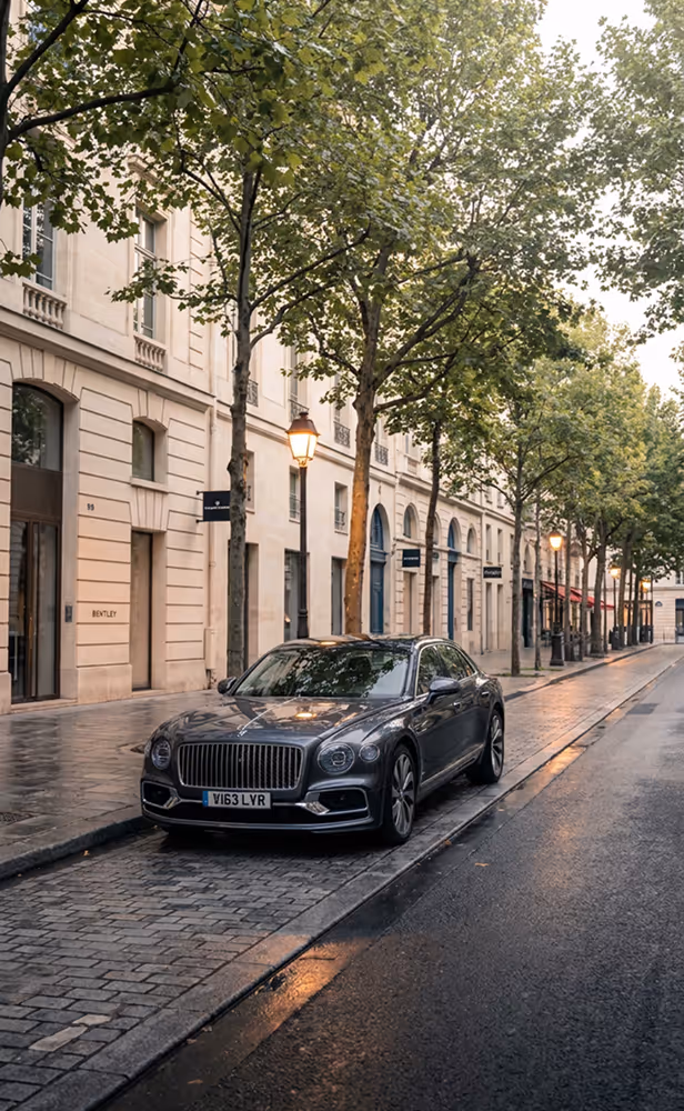 Luxury dark gray Bentley sedan parked on a cobblestone street lined with trees and classic buildings.