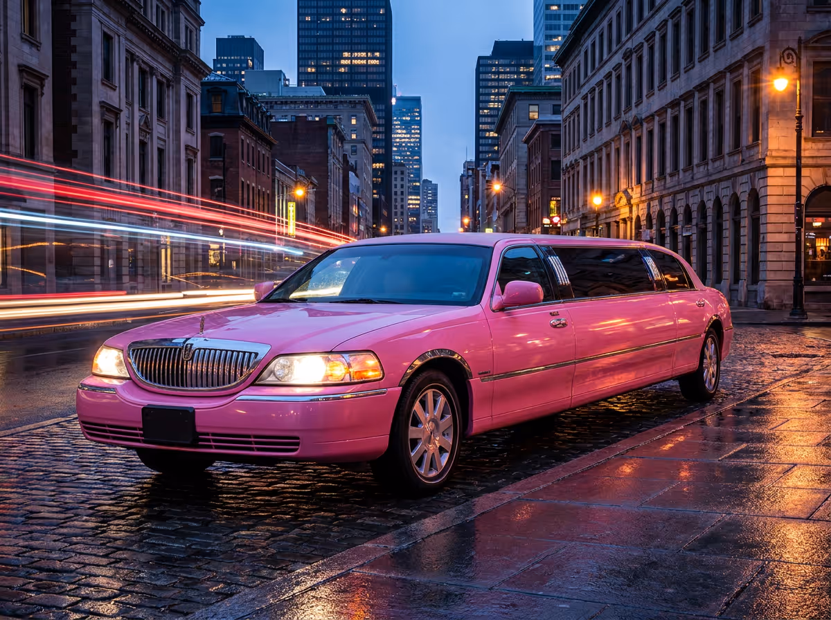 Pink stretch limousine parked on a wet city street with tall buildings at dusk.