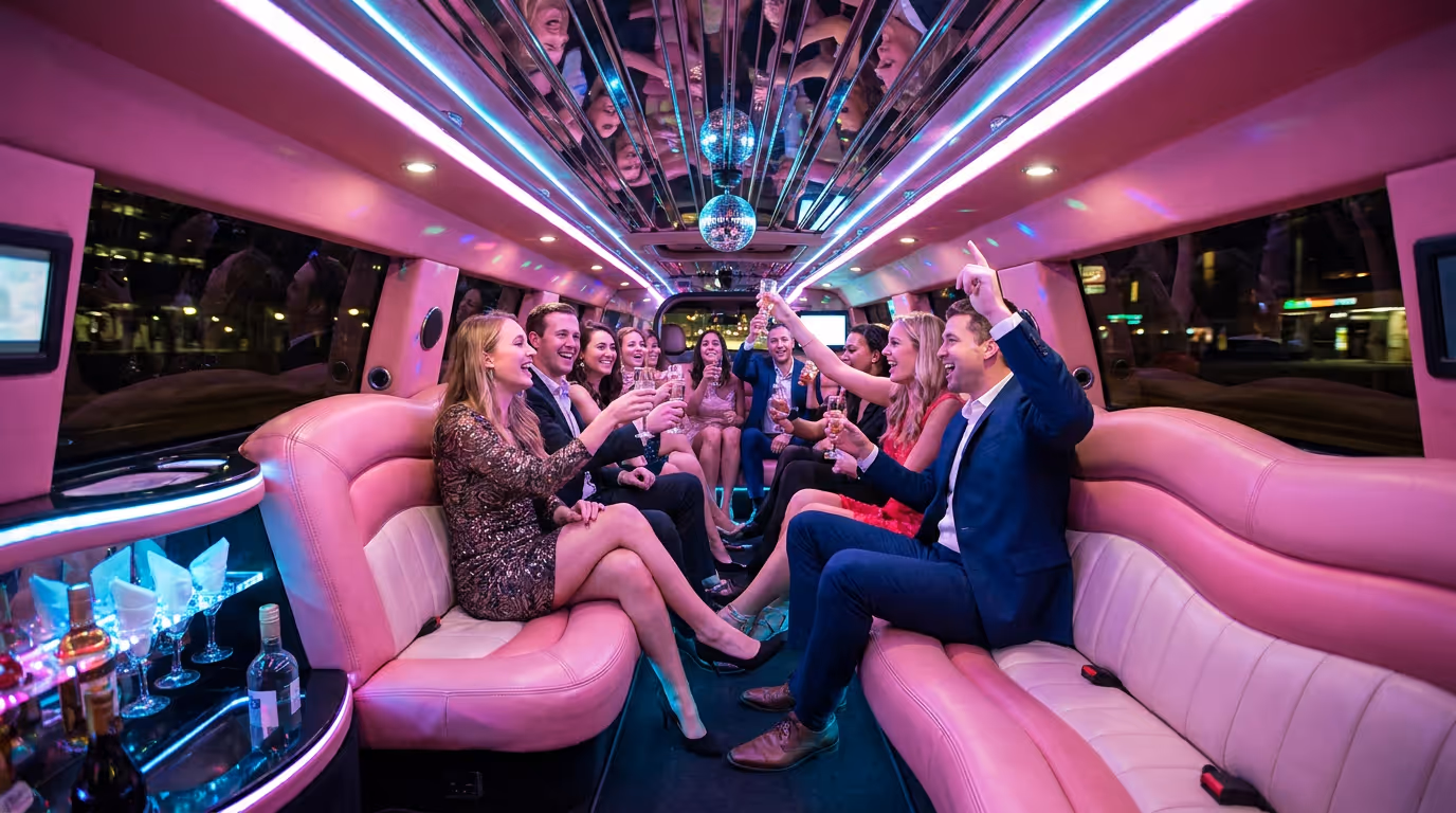 Group of people dressed formally toasting with drinks inside a pink limousine with disco lights.