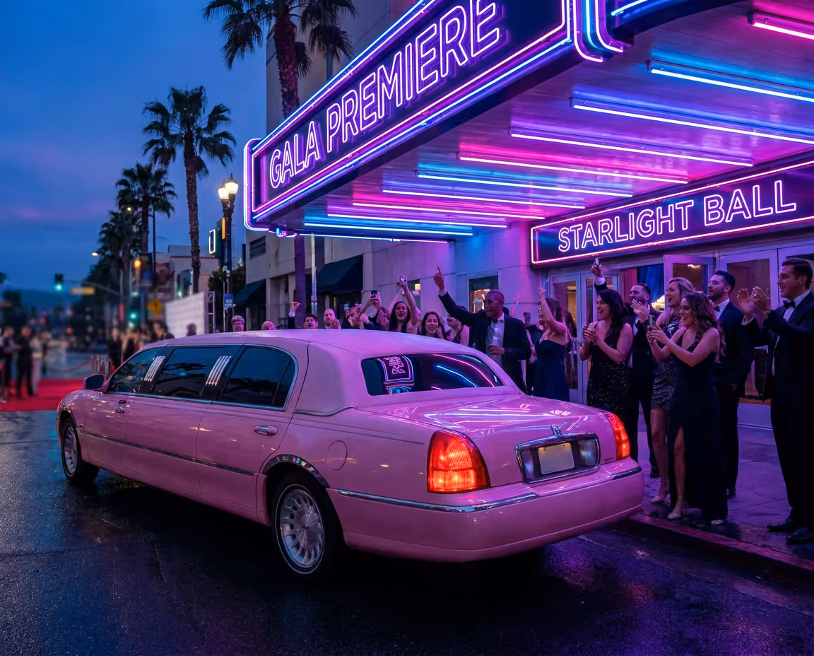Pink limousine arriving at a gala premiere with people dressed in formal attire cheering under neon lights.