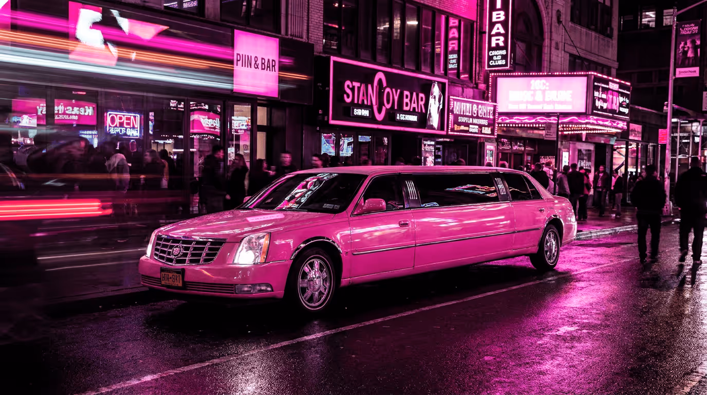 Pink limousine parked on a wet city street at night with neon bar signs and pedestrians nearby.