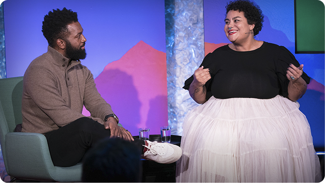 adrienne in conversation on stage