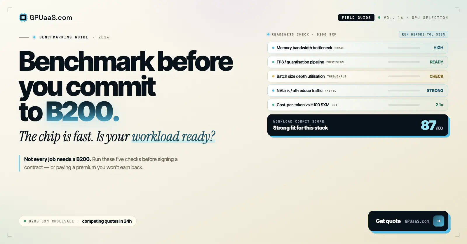 200 SXM benchmarking checklist: memory, precision, batch, fabric, ROI checks, with workload commit score of 87 out of 100 — GPUaaS.com