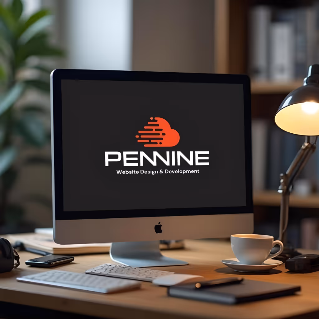 Computer monitor displaying the Pennine Websites studio branding in Barnard Castle