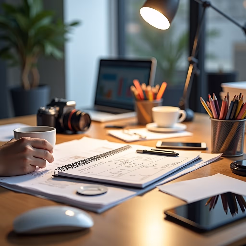 crowded desk with a web design project