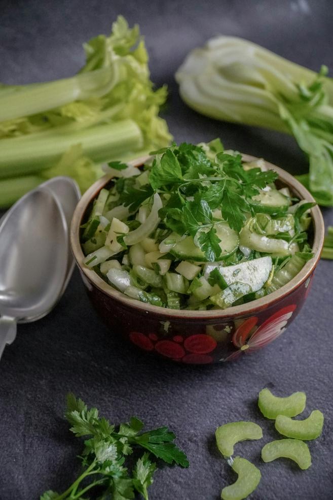 A bowl of thick tzatziki with dill and olive oil, surrounded by carrot, red pepper and celery sticks