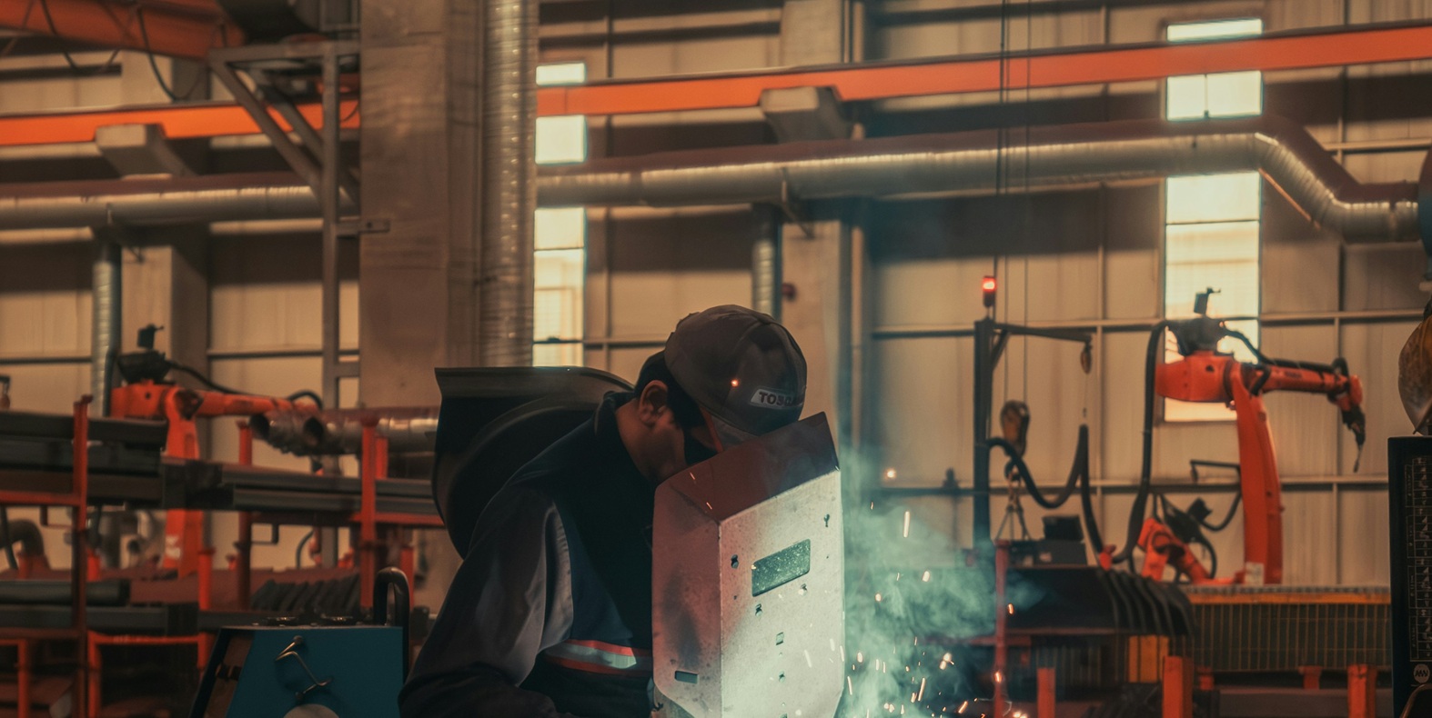 Skilled welder performing precision fabrication in a modern industrial manufacturing facility.