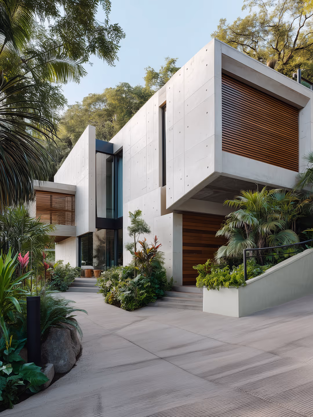 Modern house exterior surrounded by tropical landscaping