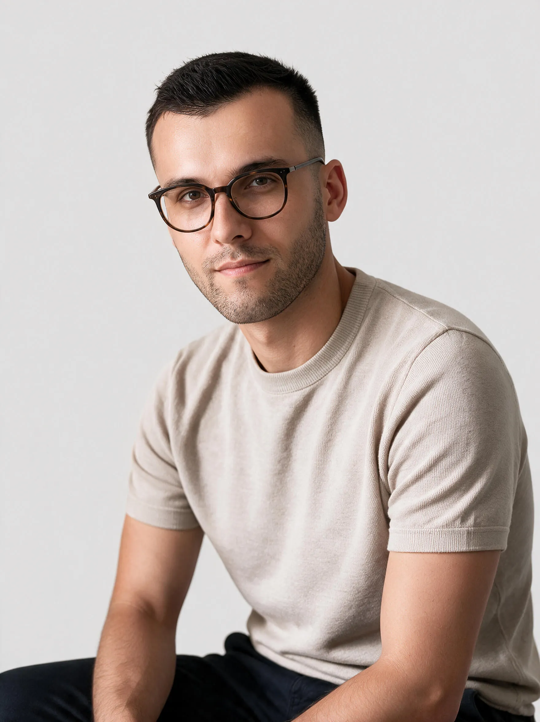 Portrait of a man wearing glasses and a beige shirt