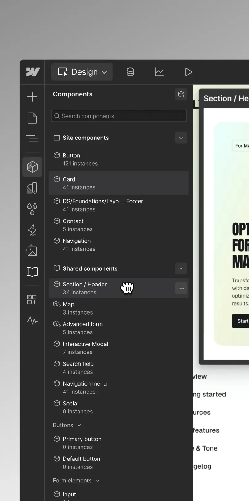 Structured website design system interface
