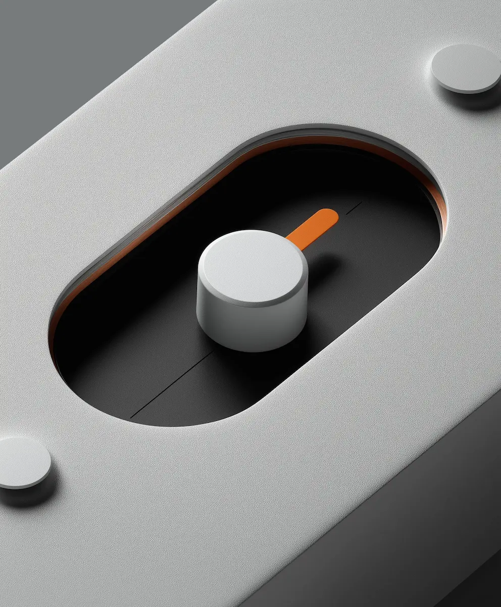 Iridescent control knob representing website interactions