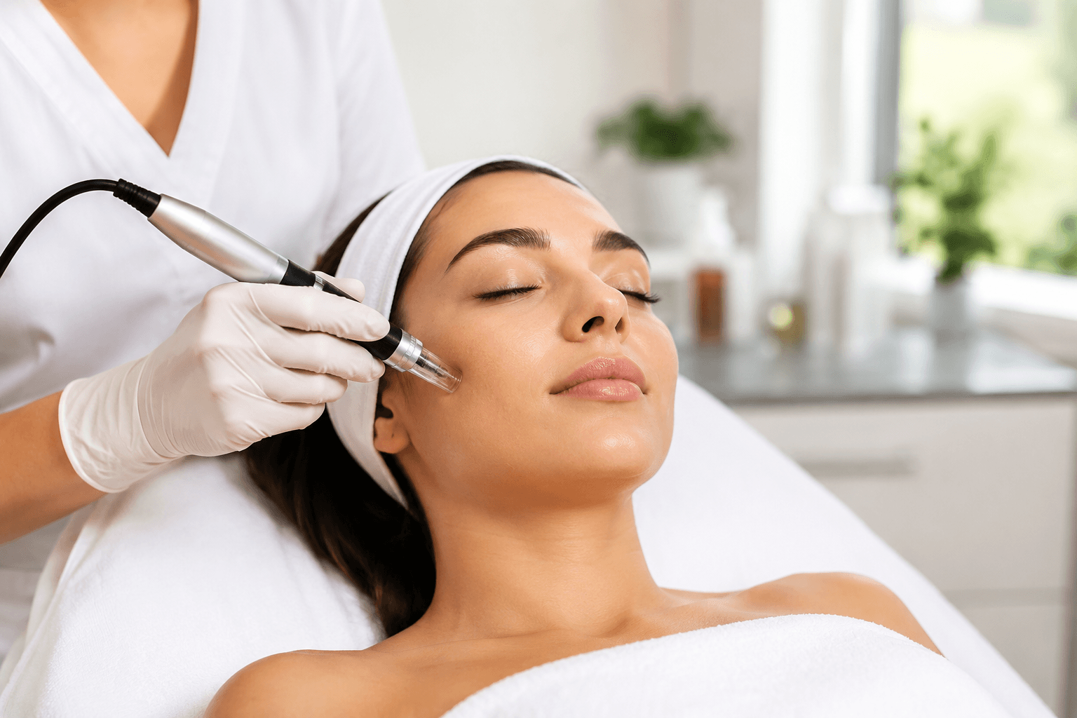 Patient receiving microneedling treatment for enlarged pores and skin texture improvement in Los Gatos, California