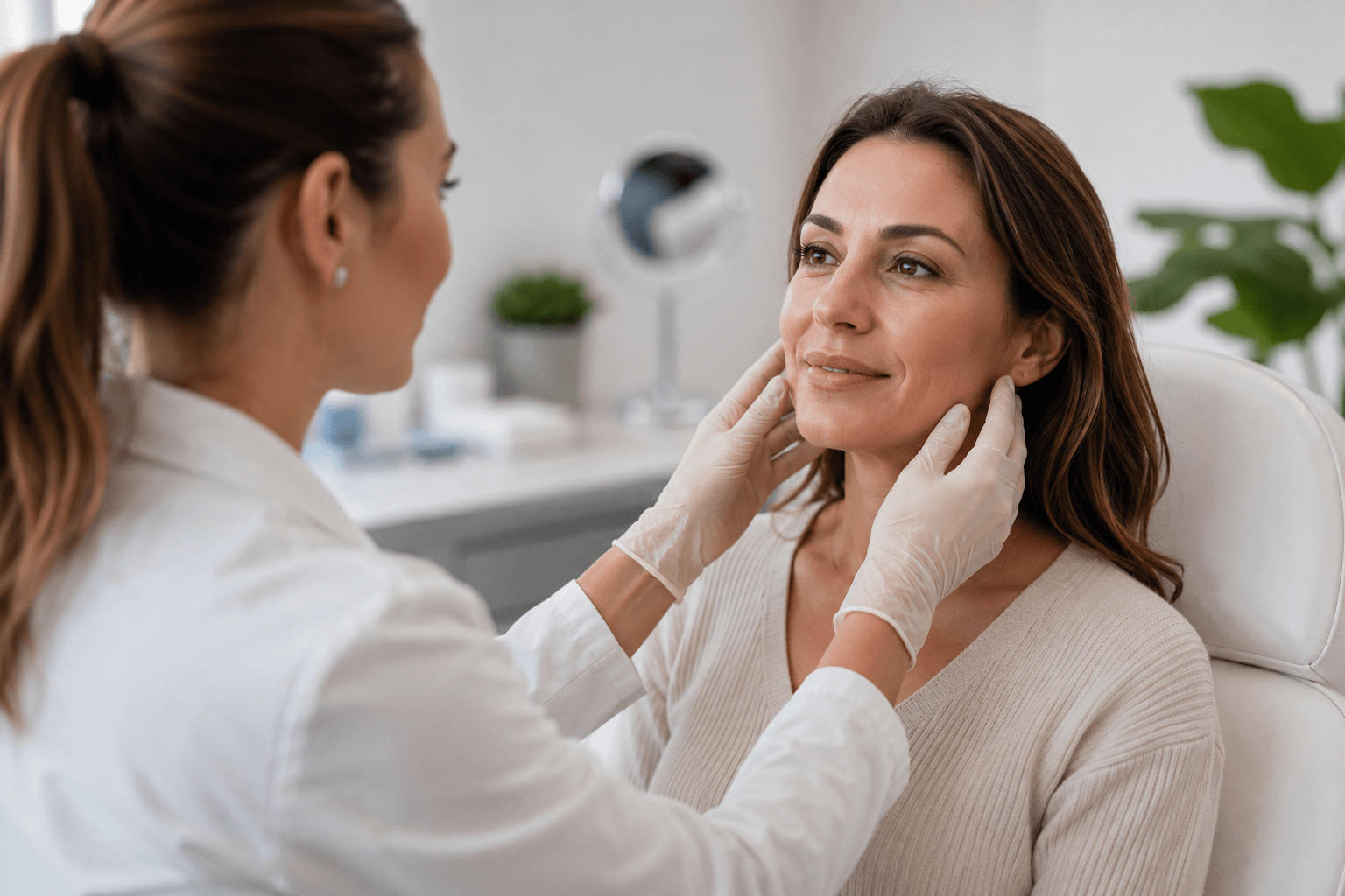 Provider consulting with a patient about Sculptra treatment for natural facial volume restoration at a medical aesthetics clinic in Los Gatos, California.