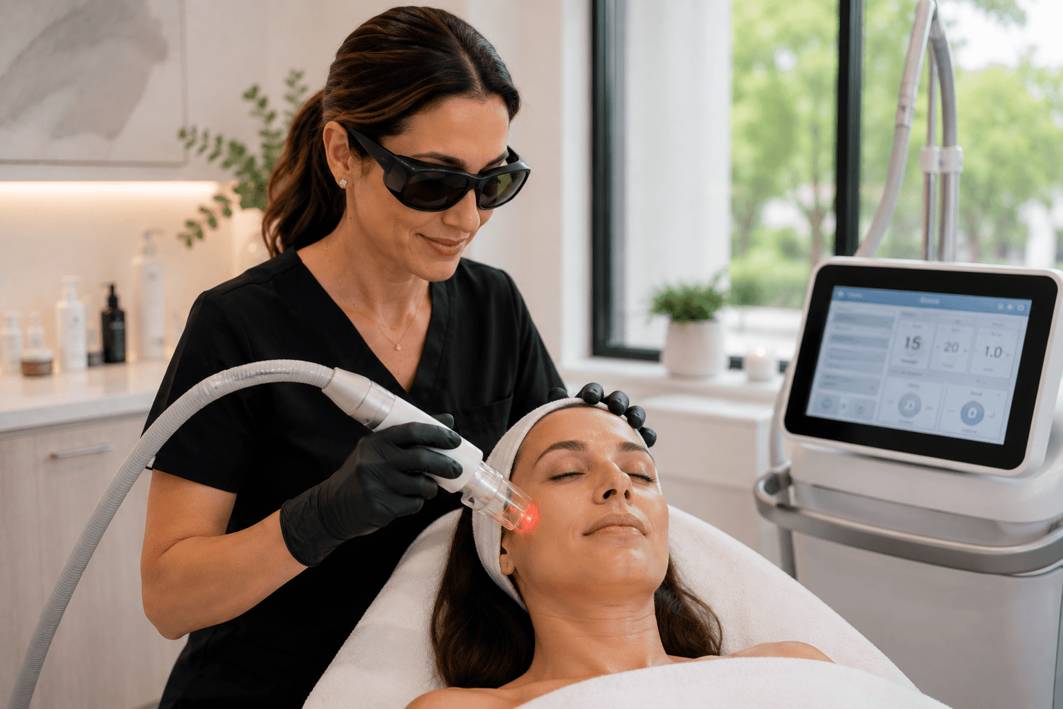 Aesthetician performing laser skin resurfacing treatment on a client's cheek in Los Gatos, California