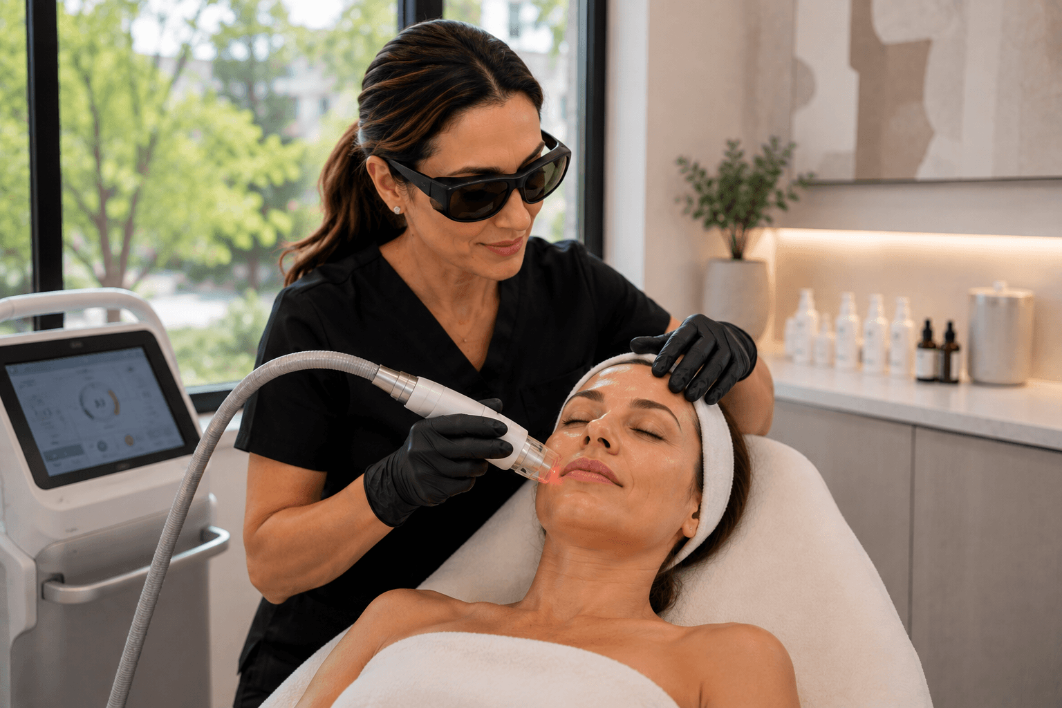 Provider adjusting laser ablation settings during a skin treatment session in Los Gatos, California
