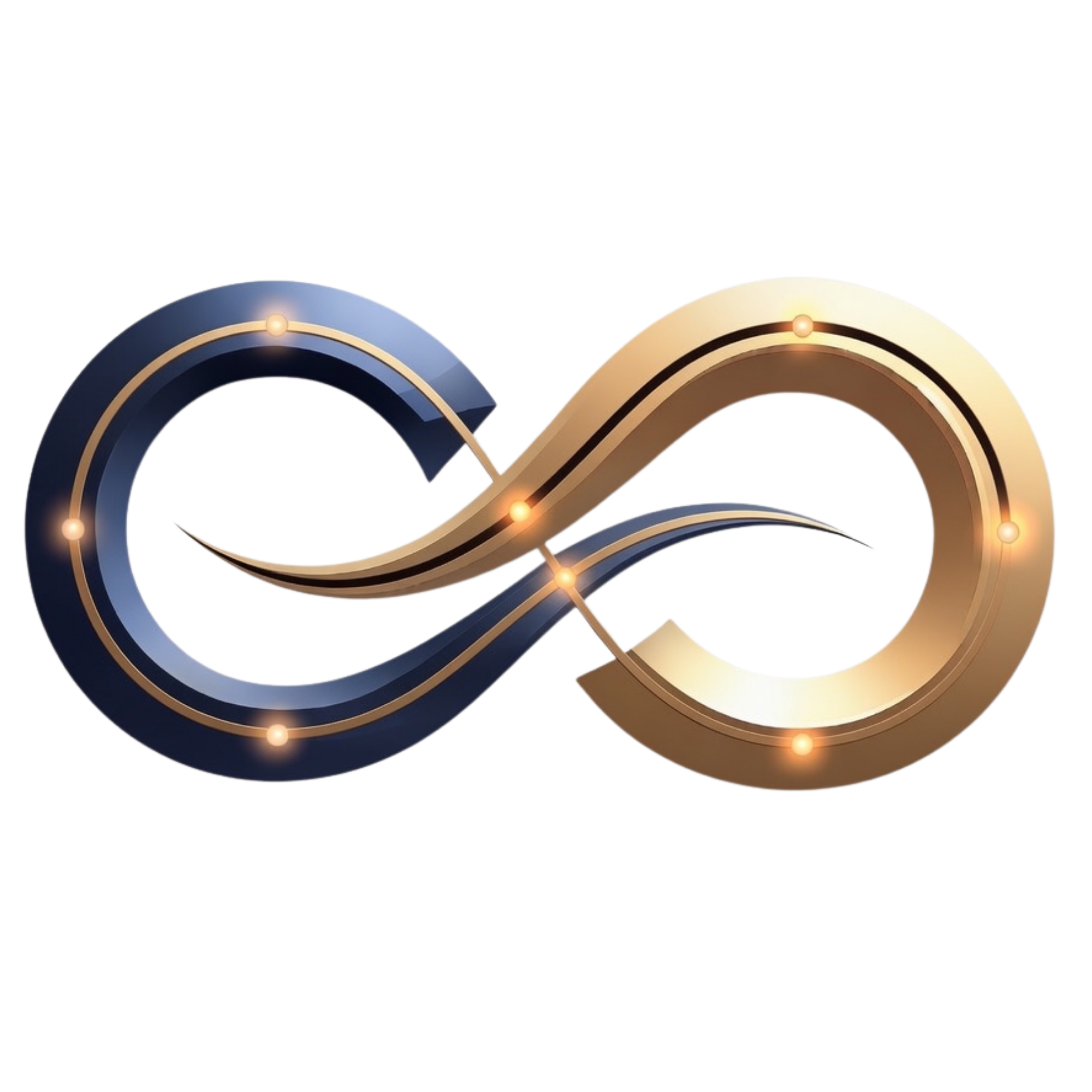 Glossy blue and gold infinity symbol with glowing dots along the pathways.