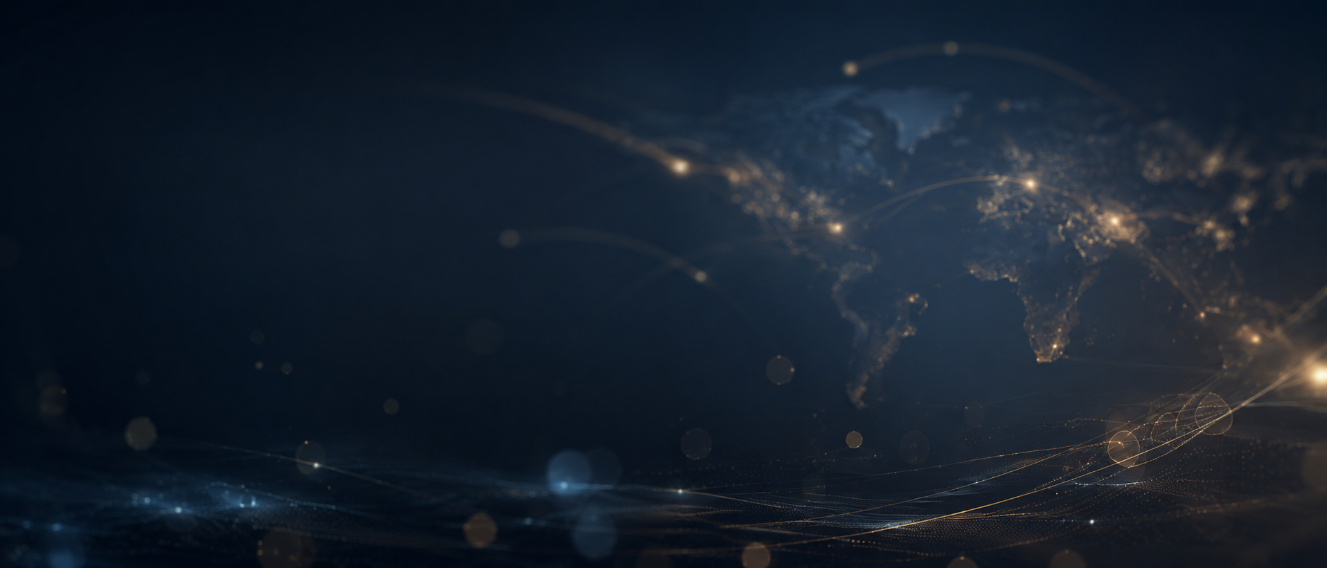 Dark map of the world with glowing connection points and arcs representing global network connections.