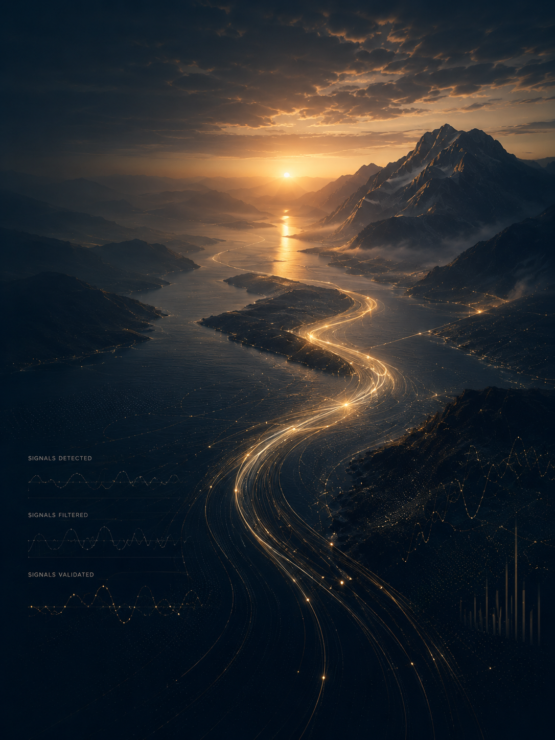 Glowing river of light flows through mountainous landscape at sunset with signal wave charts overlay.
