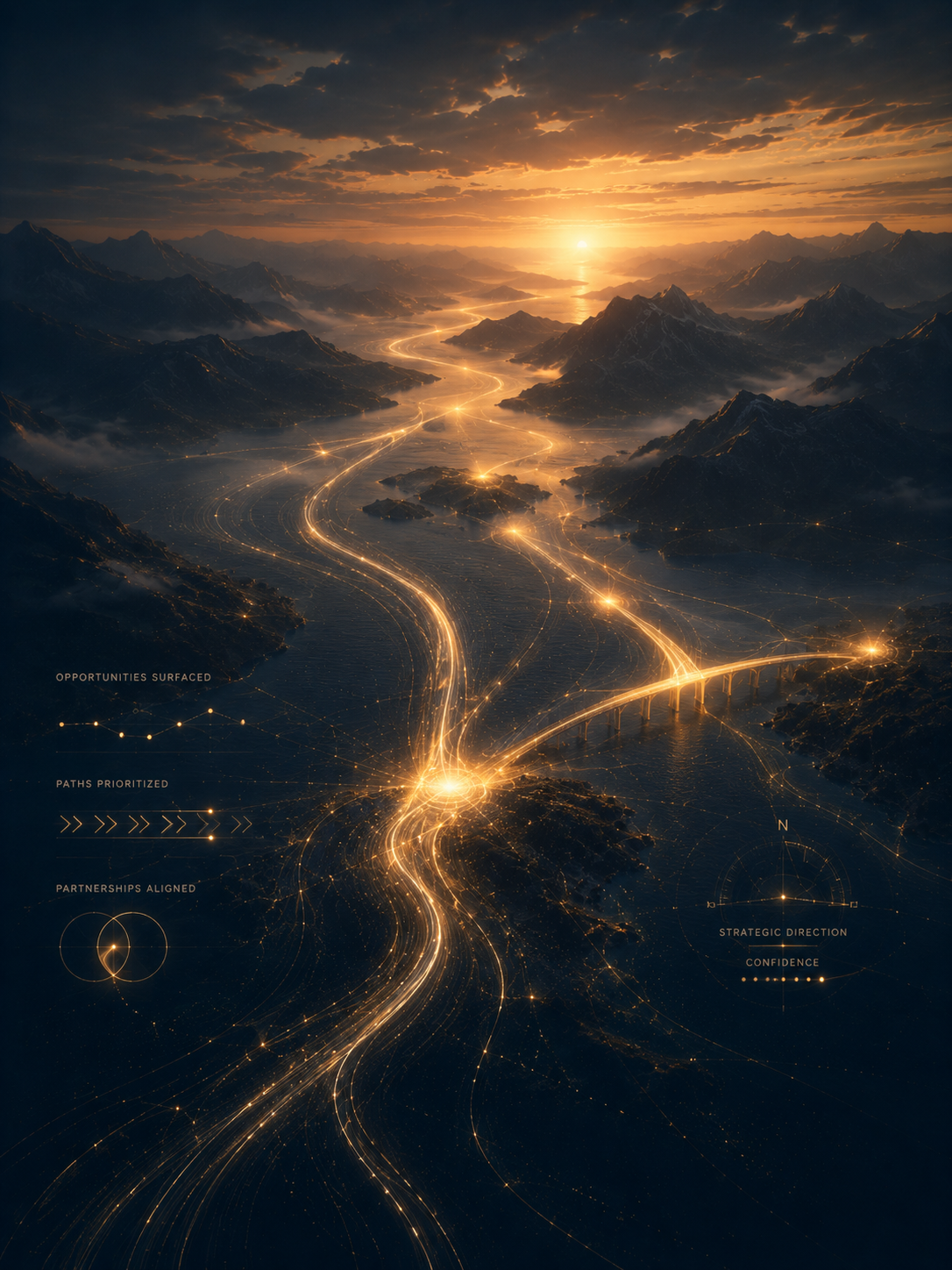 Glowing light paths weaving through mountainous terrain at sunset with strategic data visualizations.