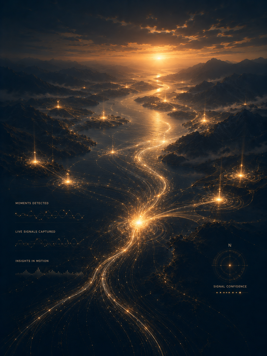 Glowing golden network nodes connected by light paths over a dark mountainous terrain at sunset.