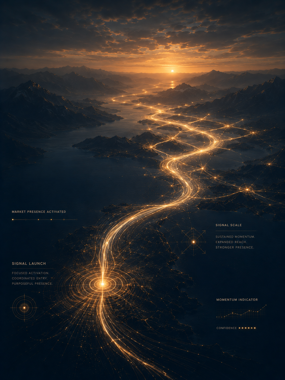Data Center Signals visual showing abstract market signals with a human standing in front of a mass river and glowing nodes of connectivity patterns representing identifying those signals.