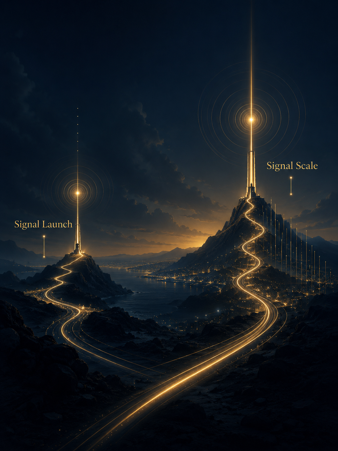 Data Center Signals visual showing abstract market signals with two peaks in the background representing the launch and scale of those signals. 