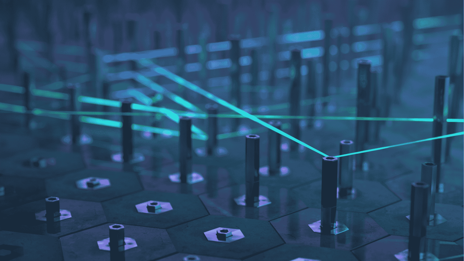 Hexagonal grid with vertical rods connected by glowing blue and green lines representing a digital network.
