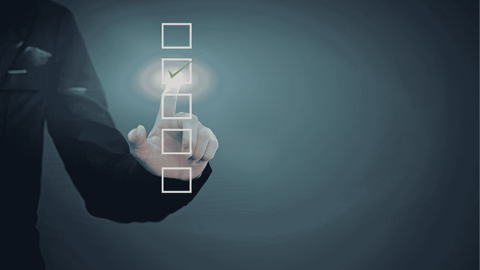 Person in black suit checking the second box from top in a vertical checklist.