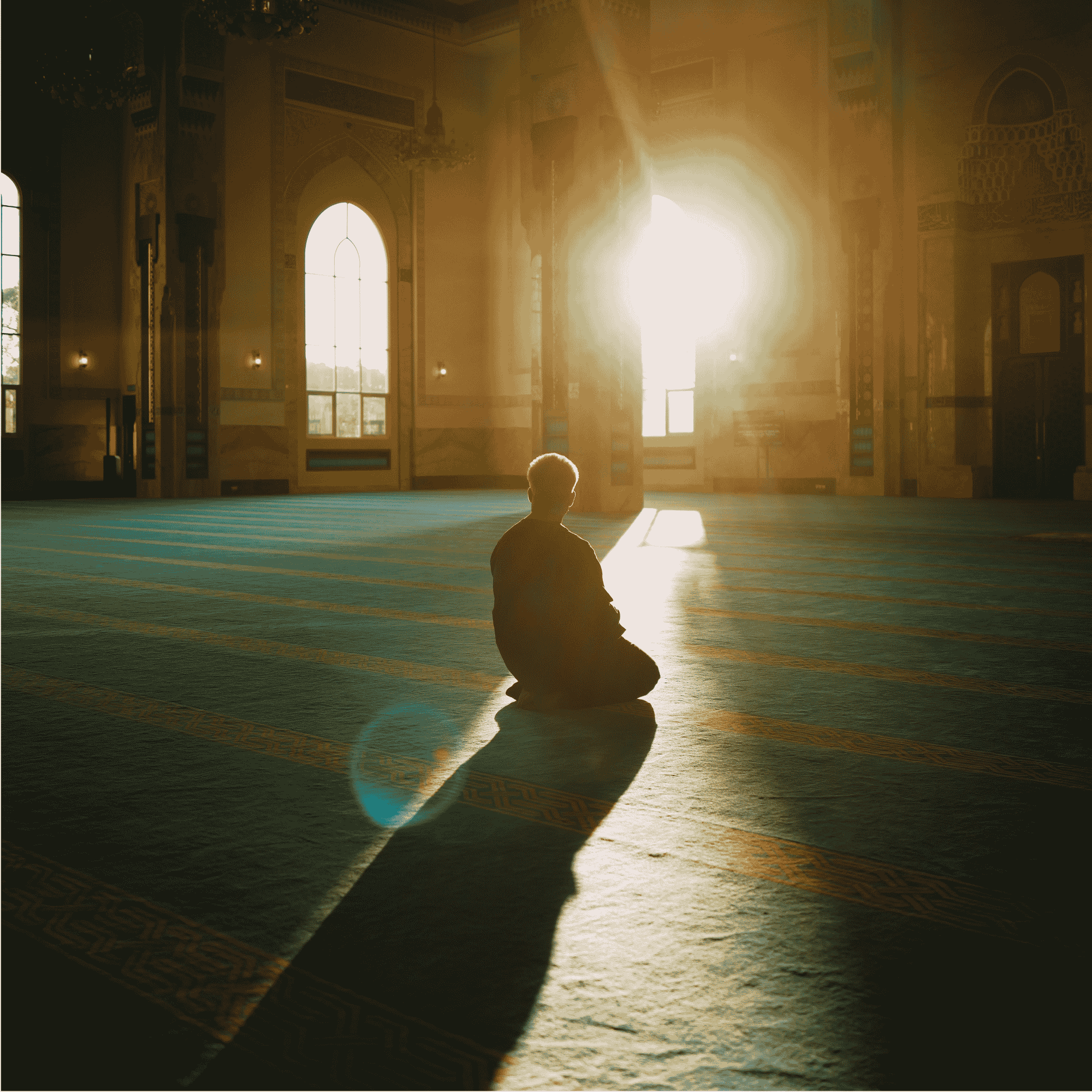 Person kneeling and praying inside a mosque with sunlight streaming through arched windows.