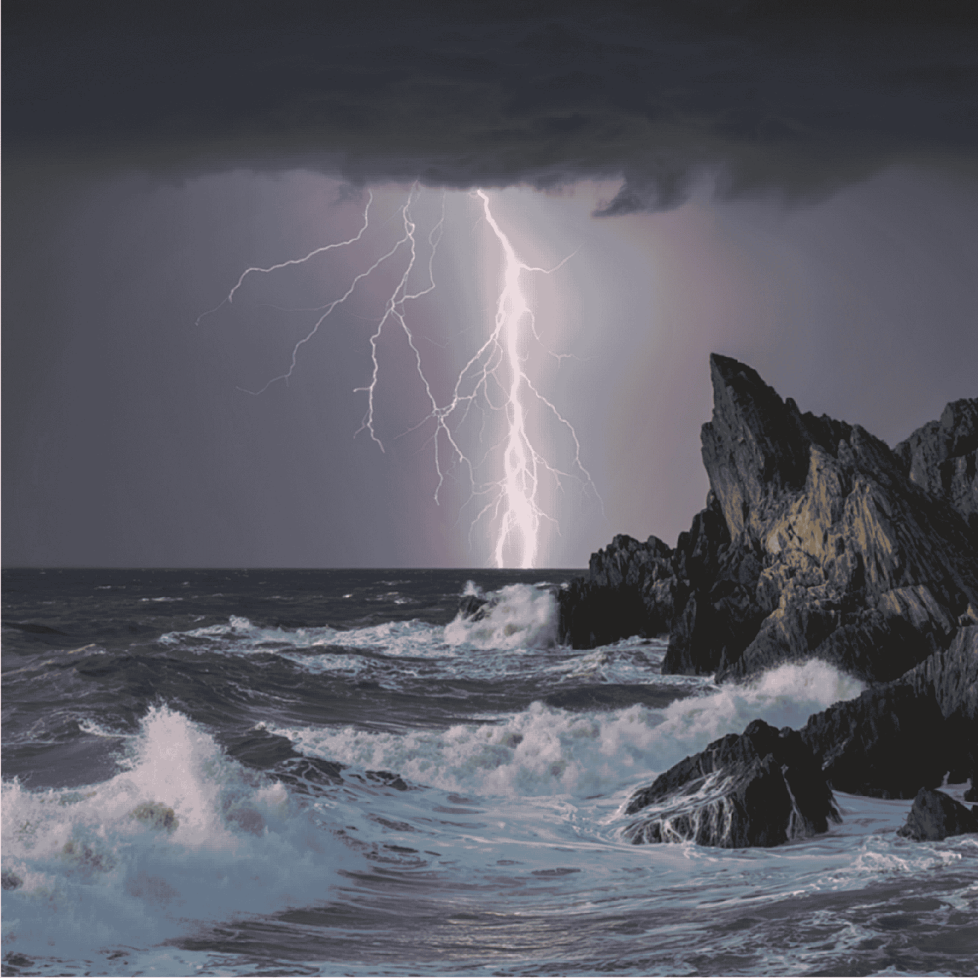 Lightning striking over a stormy ocean with crashing waves and rocky cliffs at night.