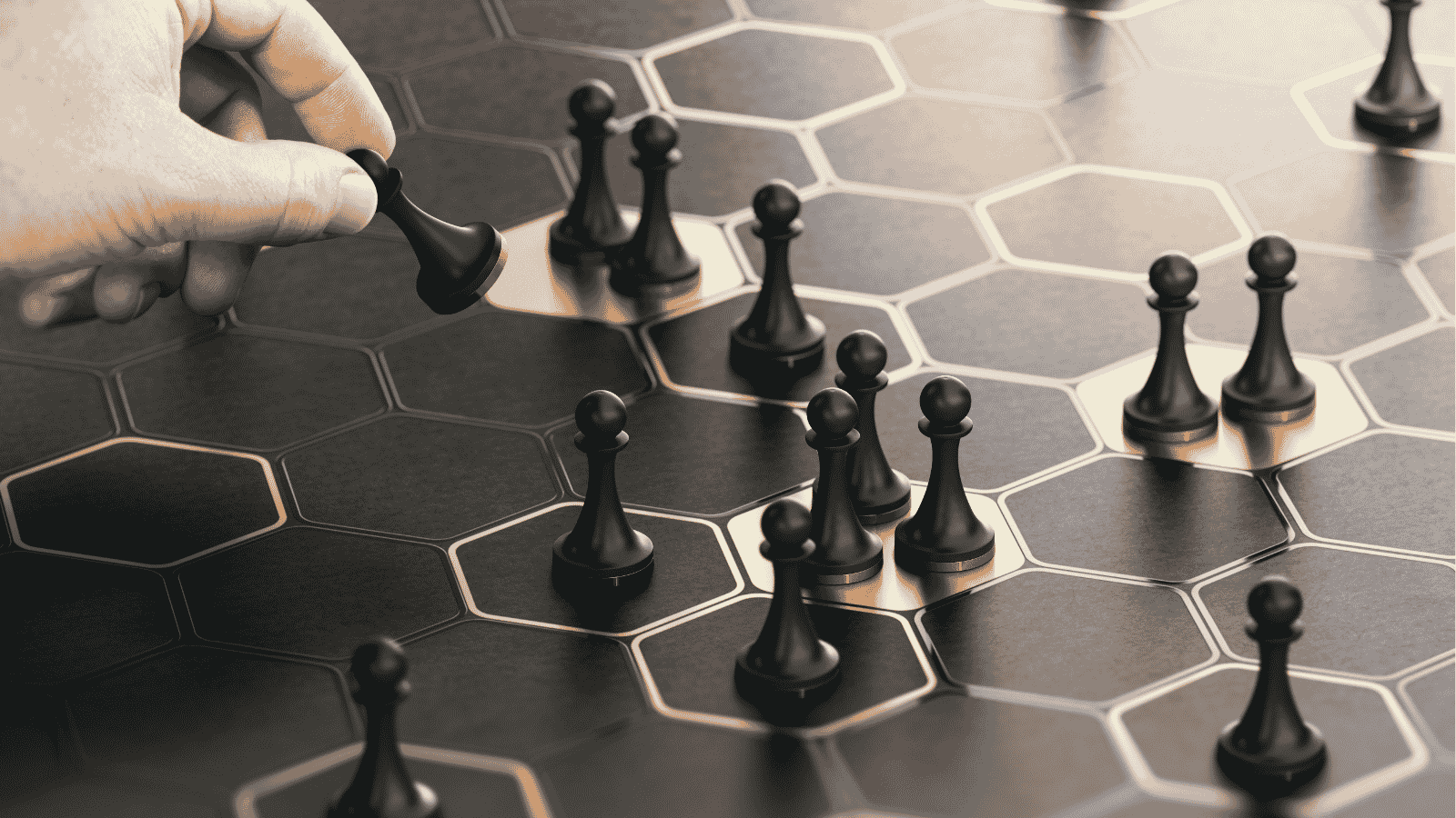 Hand moving a black pawn on a futuristic hexagonal board with multiple black pawns placed.