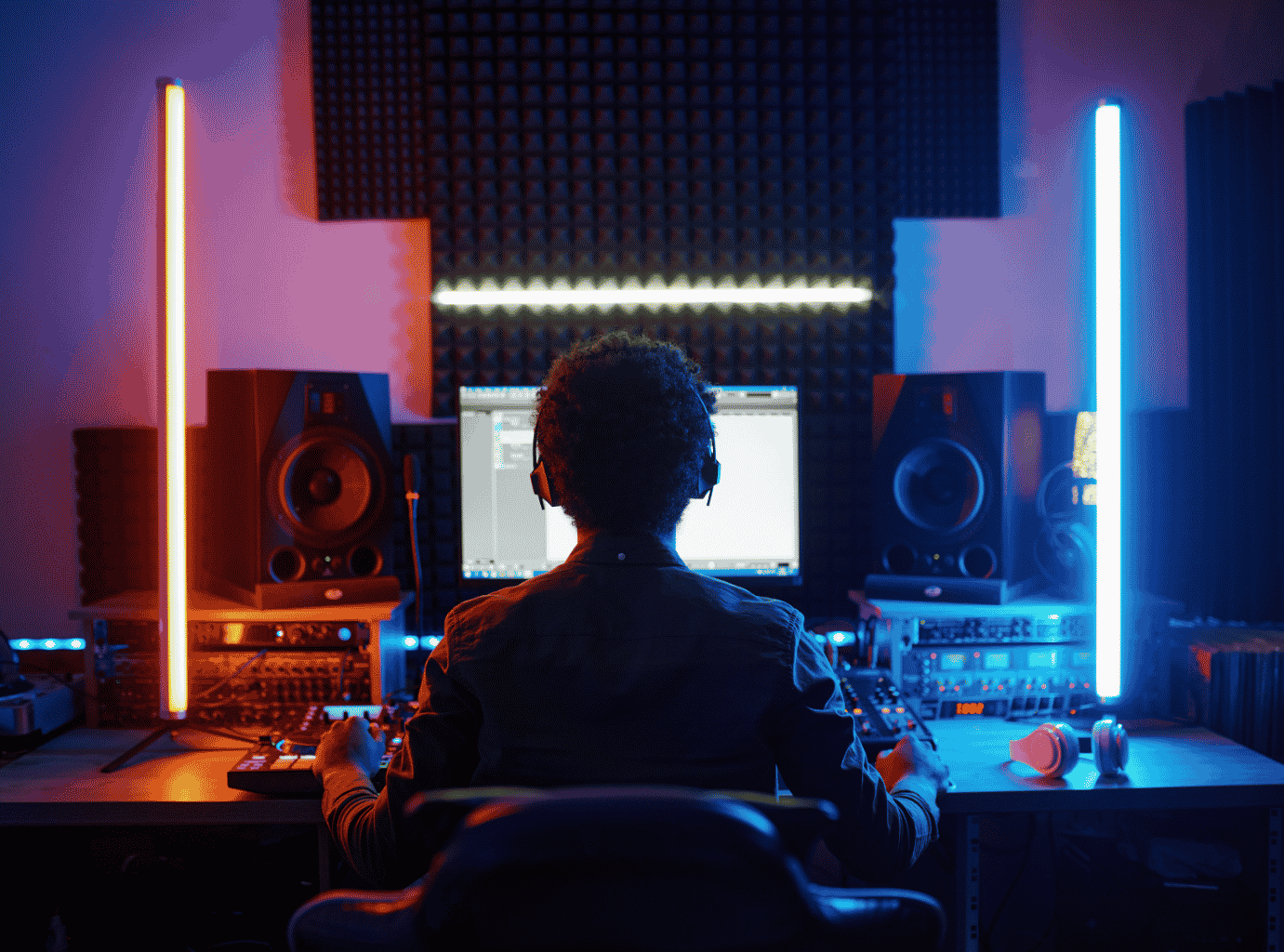 Person wearing headphones working on audio mixing equipment in a dimly lit recording studio.