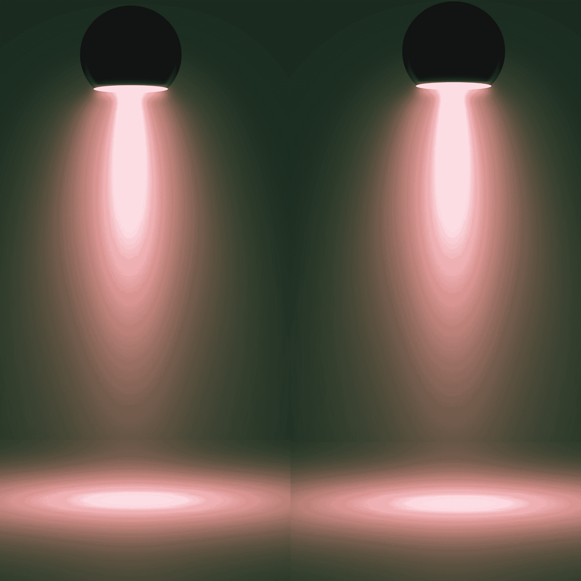Two black ceiling spotlights casting bright pink circular light on the floor in a dark room.