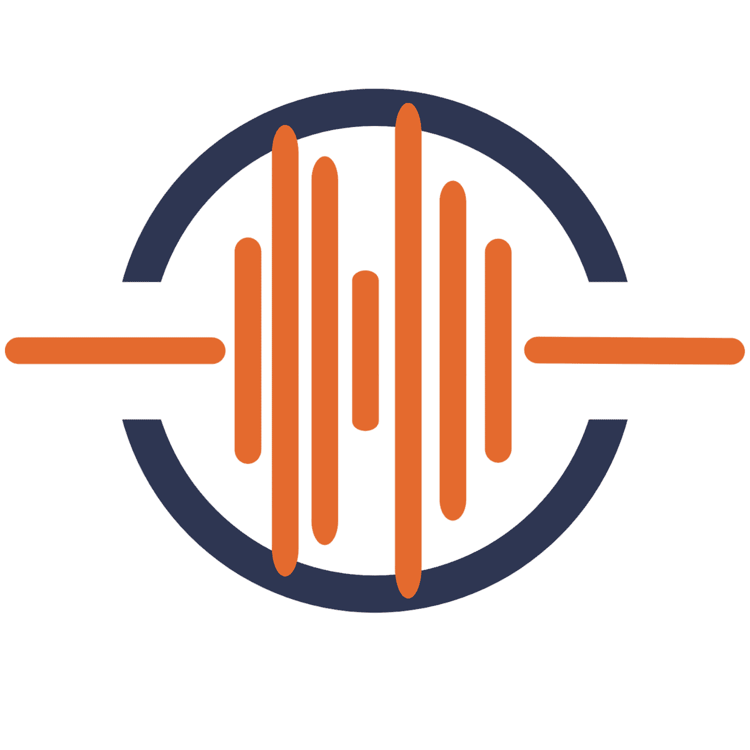 Orange sound wave bars inside a broken dark blue circle with horizontal orange lines at sides.