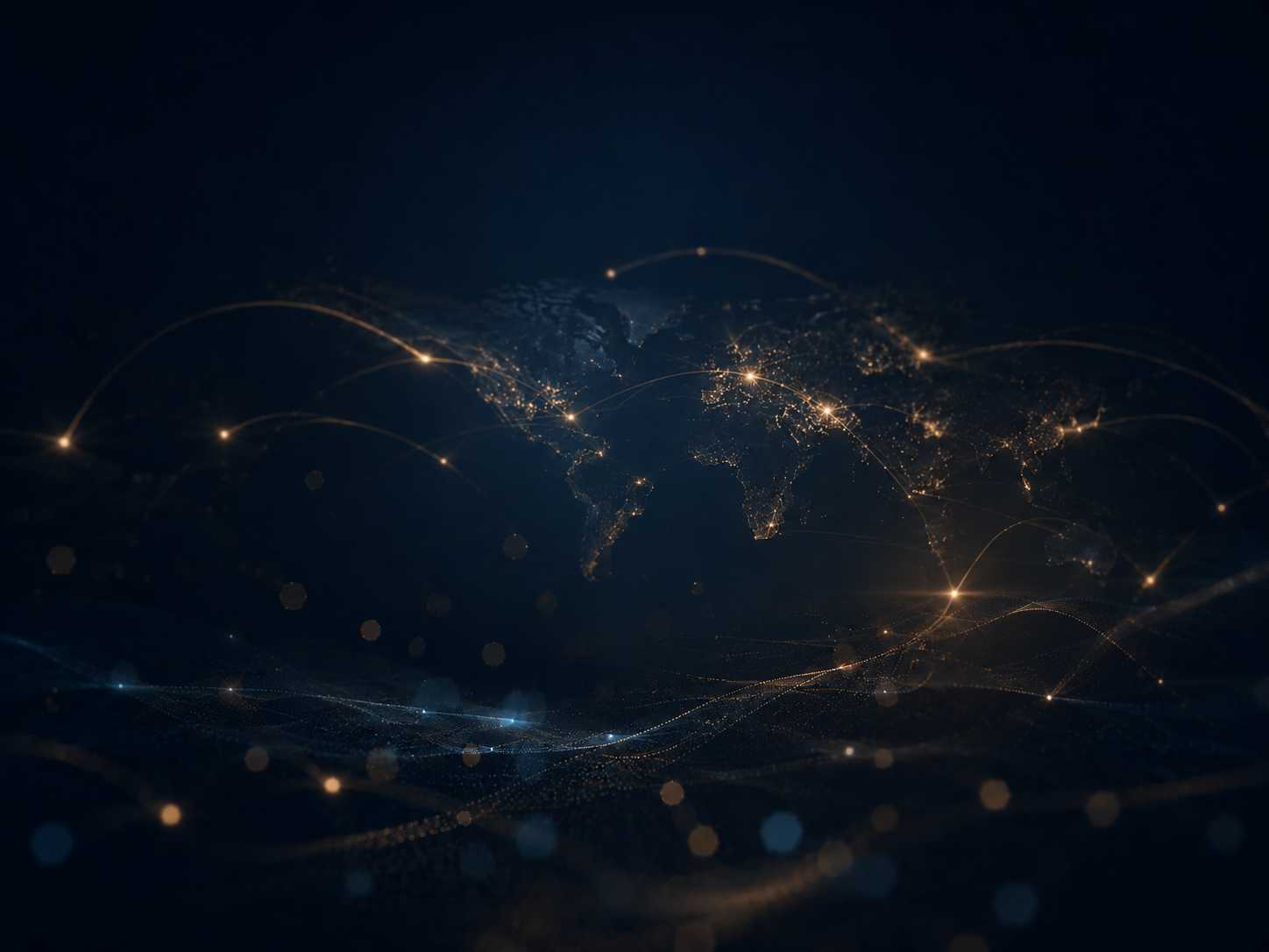 Digital world map with glowing points connected by light arcs representing global network connections.