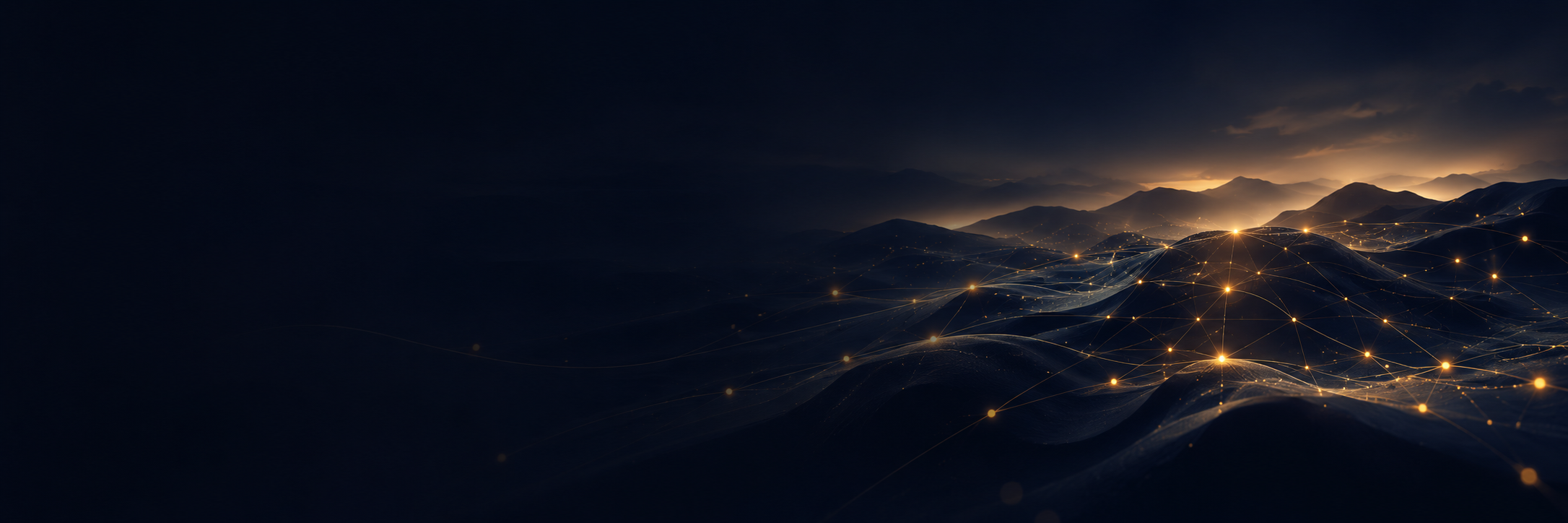 Dark mountain landscape with glowing connected nodes forming a digital network at sunrise.
