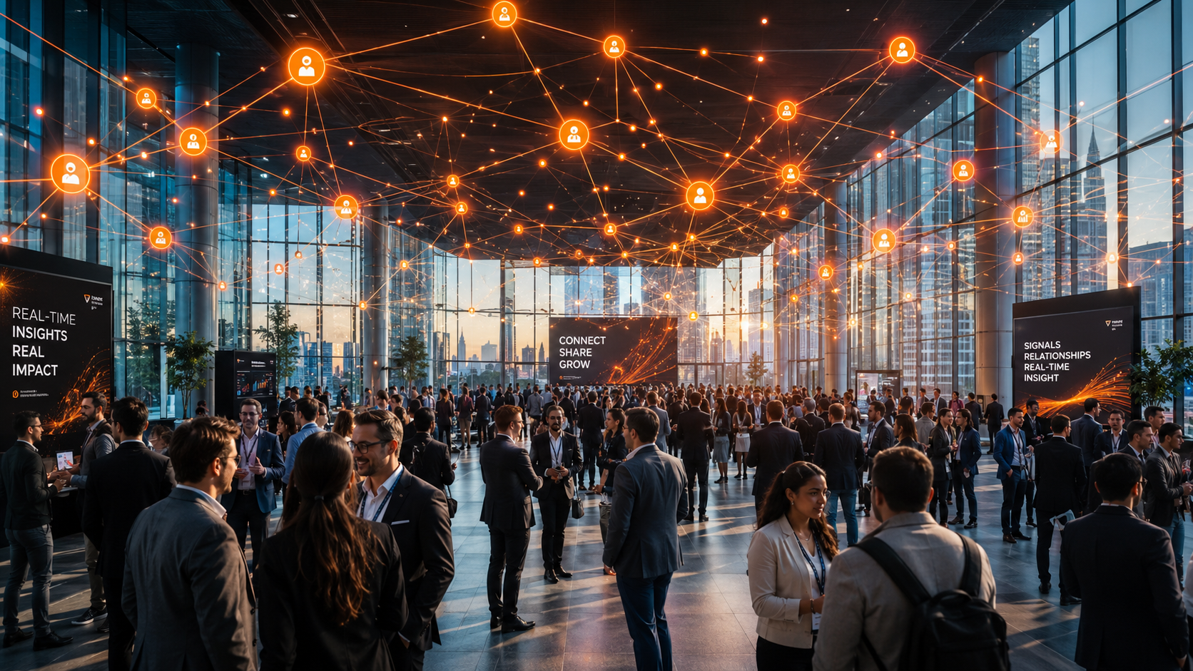 Conference attendees in a well-lit conference space with glowing nodes of signals above their heads.