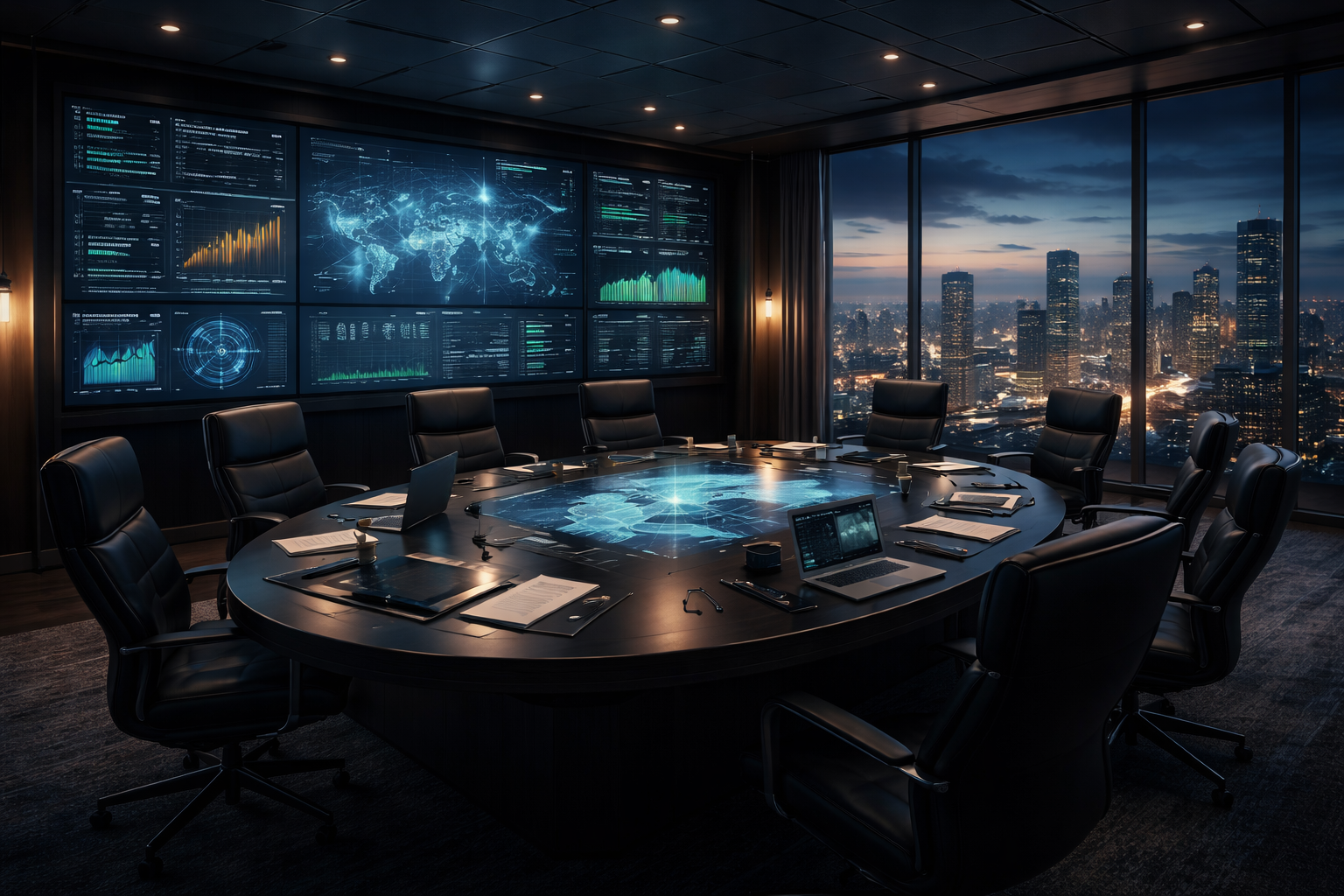 Futuristic boardroom with digital world map on round table and data screens on the wall at night.