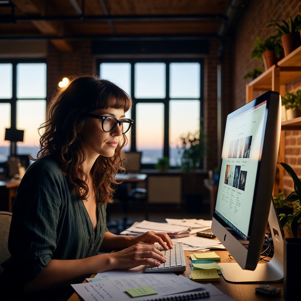 A women working on a computer with glasses
